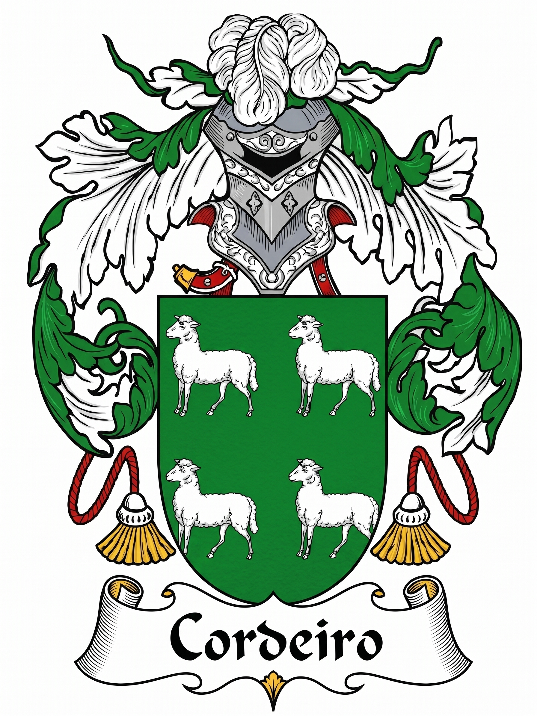 Brasão de armas da família Cordeiro: escudo verde com quatro cordeiros de prata, elmo, paquifes verde e prata, borlas douradas e listel Cordeiro